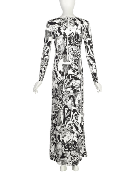 Cirette Vintage Amazing Black and White Women and Bird Novelty Print Maxi Dress
