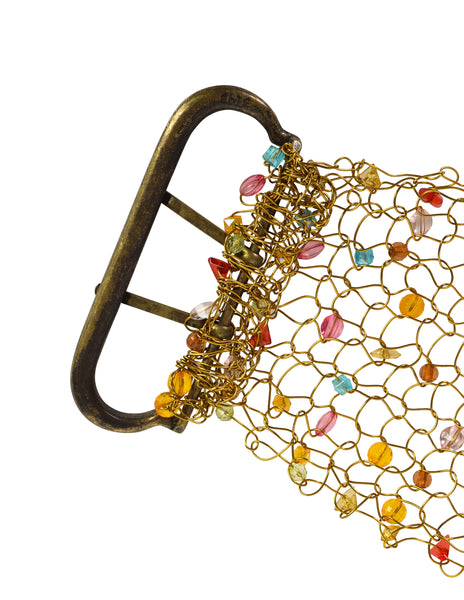 1980s Vintage Artisan Made Multicolor Beaded Woven Gold Wire Wide Belt