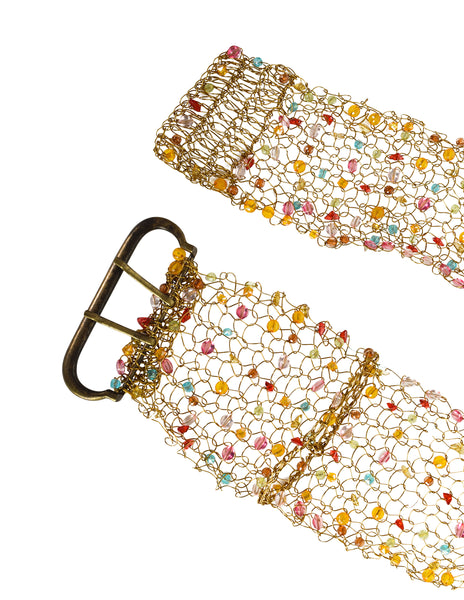 1980s Vintage Artisan Made Multicolor Beaded Woven Gold Wire Wide Belt