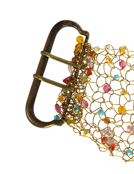 1980s Vintage Artisan Made Multicolor Beaded Woven Gold Wire Wide Belt