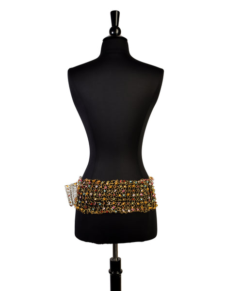 1980s Vintage Artisan Made Multicolor Beaded Woven Gold Wire Wide Belt