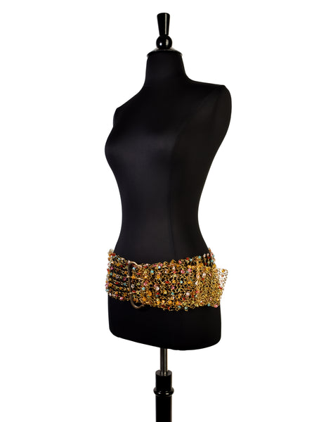 1980s Vintage Artisan Made Multicolor Beaded Woven Gold Wire Wide Belt
