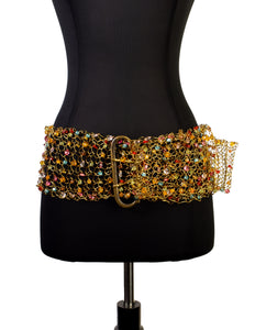 1980s Vintage Artisan Made Multicolor Beaded Woven Gold Wire Wide Belt