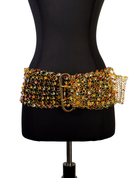 1980s Vintage Artisan Made Multicolor Beaded Woven Gold Wire Wide Belt