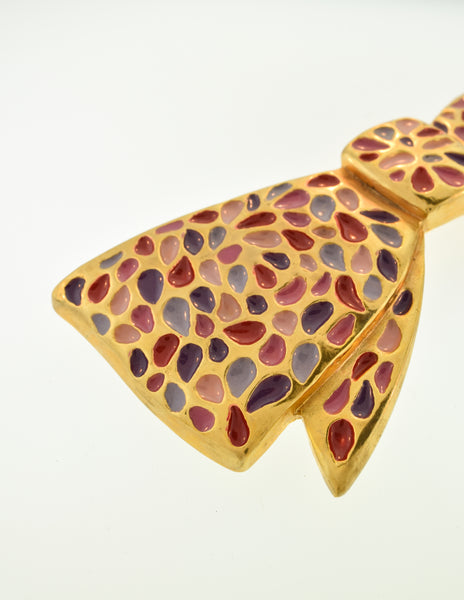 Balenciaga Vintage Oversized Purple and Pink Enamel Gold Bow Hair Clip Barrette