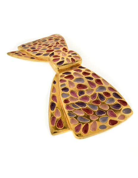 Balenciaga Vintage Oversized Purple and Pink Enamel Gold Bow Hair Clip Barrette