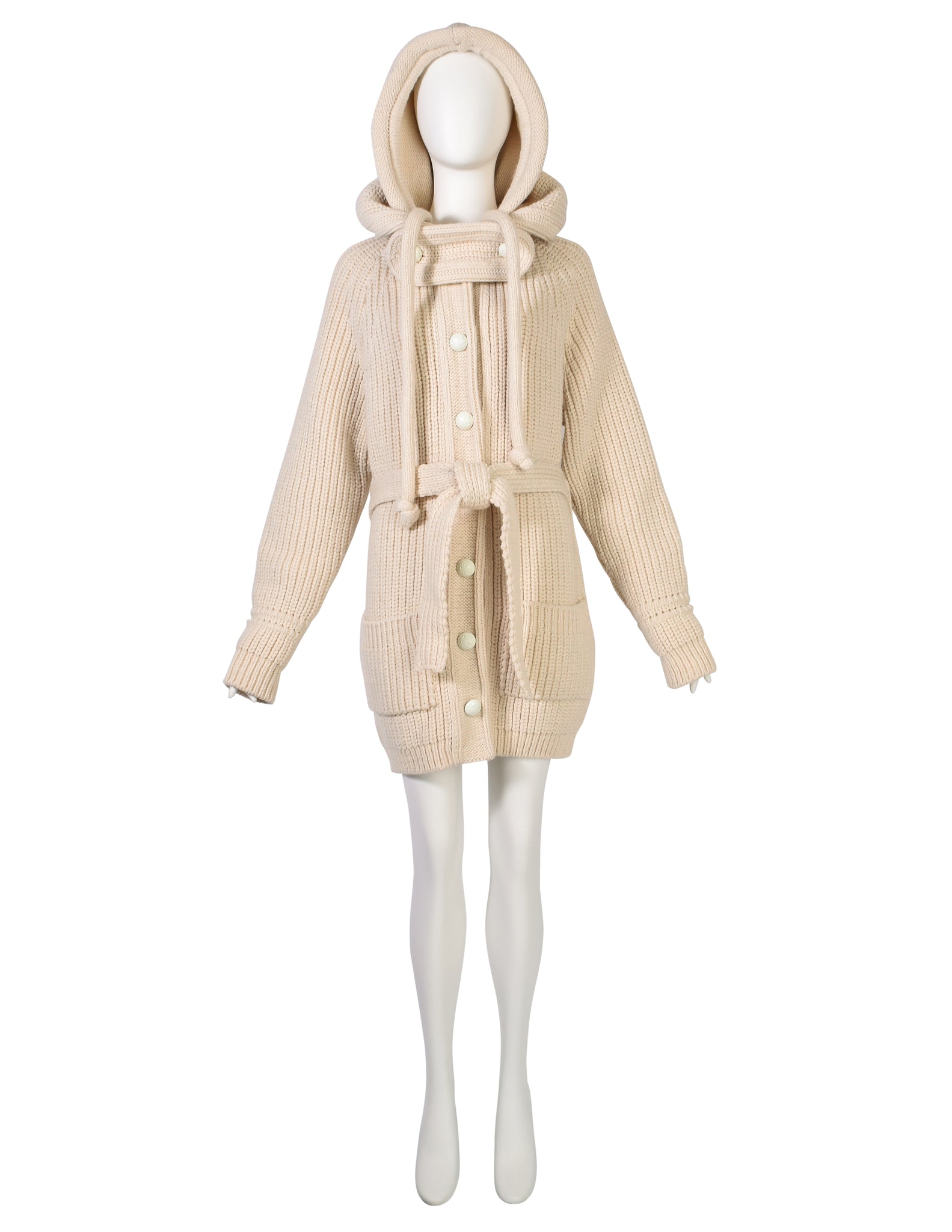 Balenciaga Vintage AW 2007 by Nicolas Ghesquière Cream Knit Wool Oversized Hooded Sweater Coat
