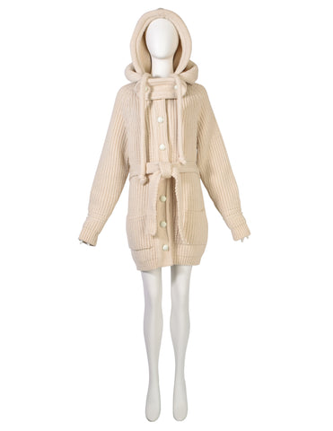 Balenciaga Vintage AW 2007 by Nicolas Ghesquière Cream Knit Wool Oversized Hooded Sweater Coat