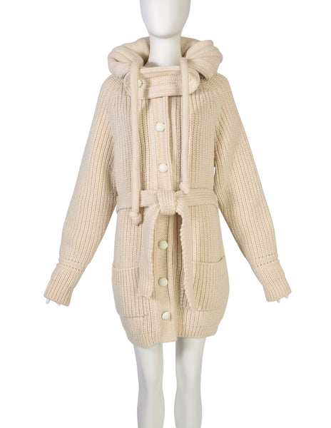 Balenciaga Vintage AW 2007 by Nicolas Ghesquière Cream Knit Wool Oversized Hooded Sweater Coat