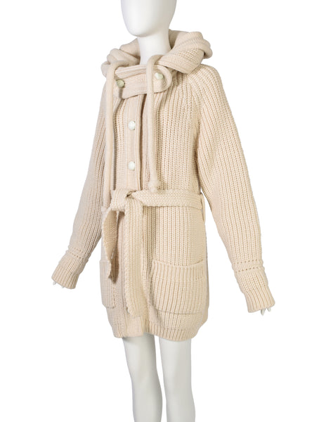 Balenciaga Vintage AW 2007 by Nicolas Ghesquière Cream Knit Wool Oversized Hooded Sweater Coat