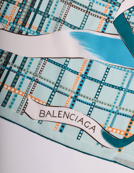 Balenciaga Vintage Green Ribbon Banner Silk Scarf