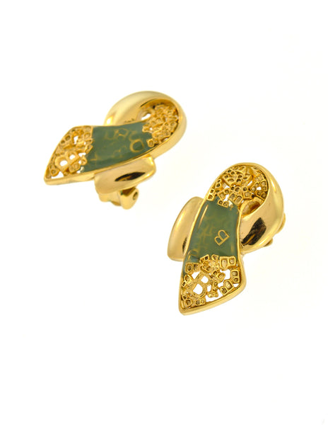 Balenciaga Vintage Seafoam Enamel Gold Twist Earrings