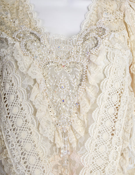 Barbara Kates Vintage Cream Mixed Lace Pearl Bead Embellished Blouse Top