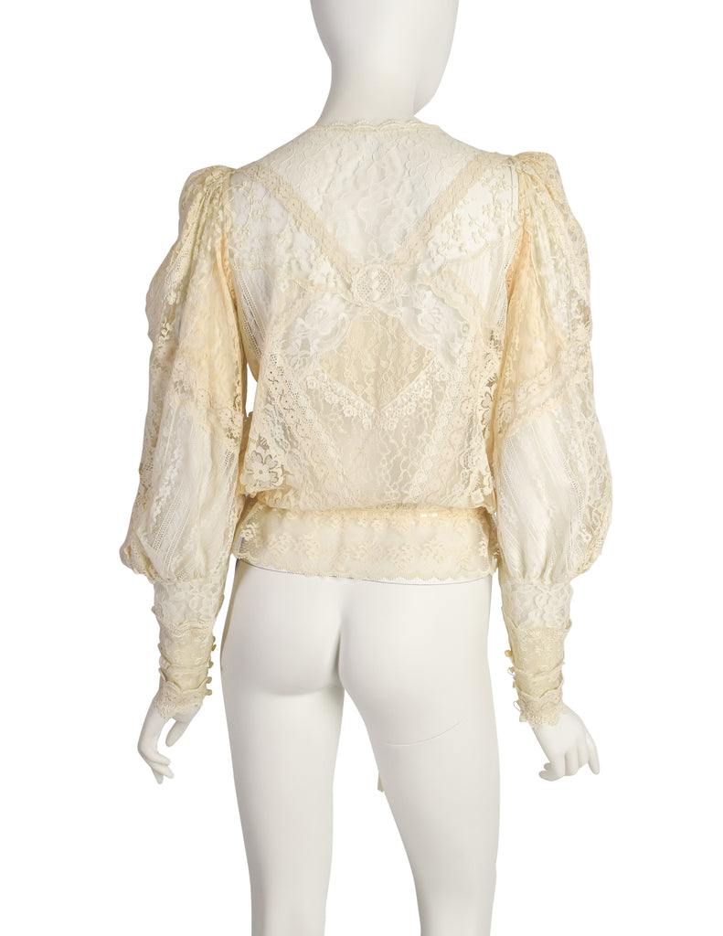 Barbara Kates Vintage Cream Mixed Lace Pearl Bead Embellished Blouse T ...