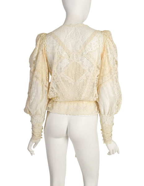 Barbara Kates Vintage Cream Mixed Lace Pearl Bead Embellished Blouse Top