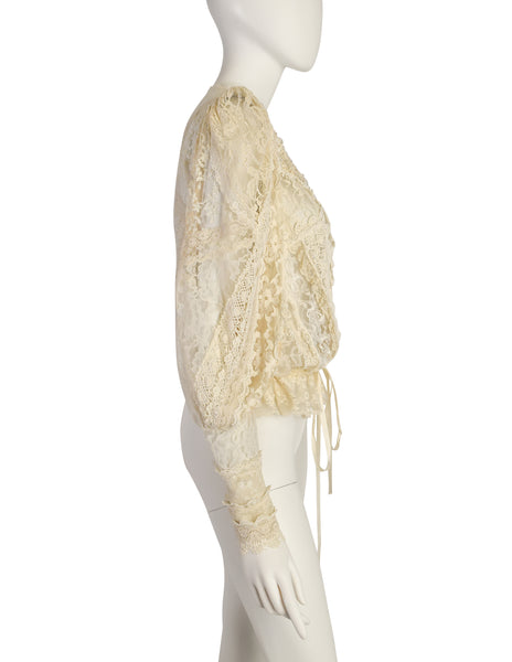 Barbara Kates Vintage Cream Mixed Lace Pearl Bead Embellished Blouse Top