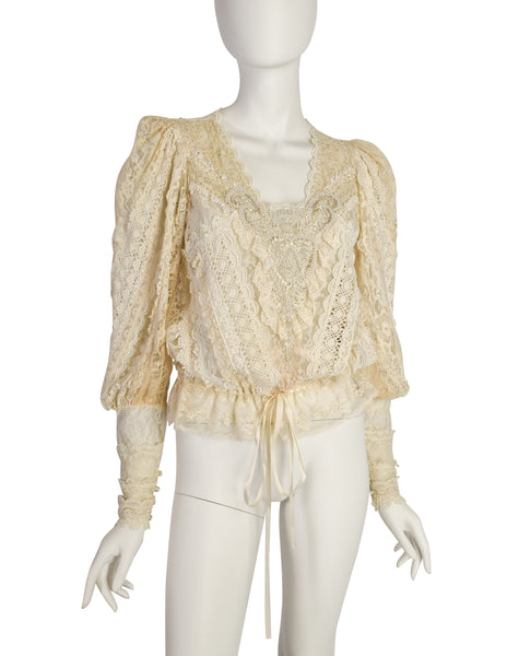 Barbara Kates Vintage Cream Mixed Lace Pearl Bead Embellished Blouse Top