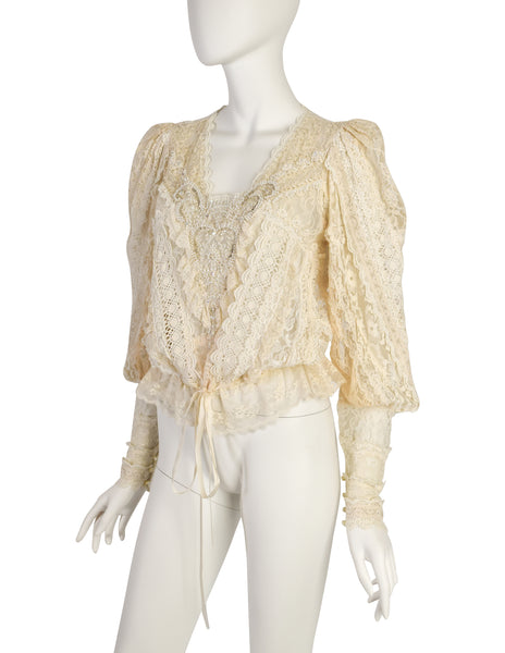 Barbara Kates Vintage Cream Mixed Lace Pearl Bead Embellished Blouse Top