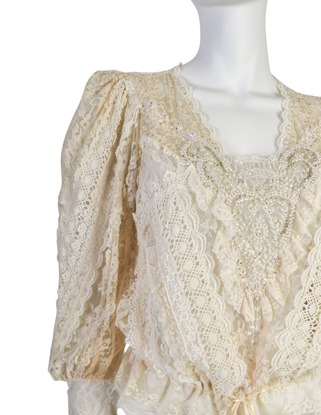 Barbara Kates Vintage Cream Mixed Lace Pearl Bead Embellished Blouse Top