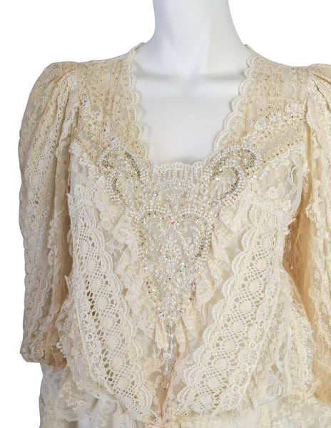 Barbara Kates Vintage Cream Mixed Lace Pearl Bead Embellished Blouse Top