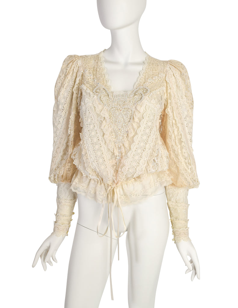 Barbara Kates Vintage Cream Mixed Lace Pearl Bead Embellished Blouse T ...