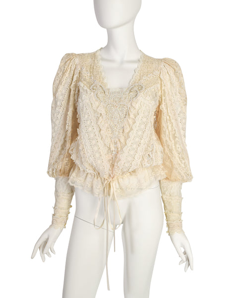 Barbara Kates Vintage Cream Mixed Lace Pearl Bead Embellished Blouse Top
