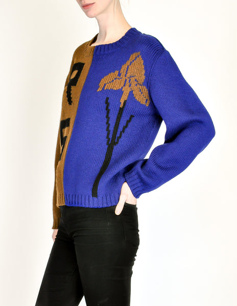 Anne Marie Beretta Vintage Blue & Brown Iris Sweater