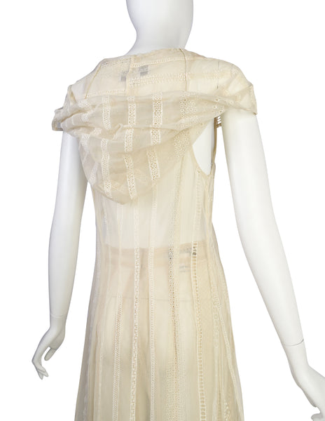 Berit Steffin Vintage 1990s Cream Embroidered Mesh Hooded Vest and Palazzo Pant Ensemble