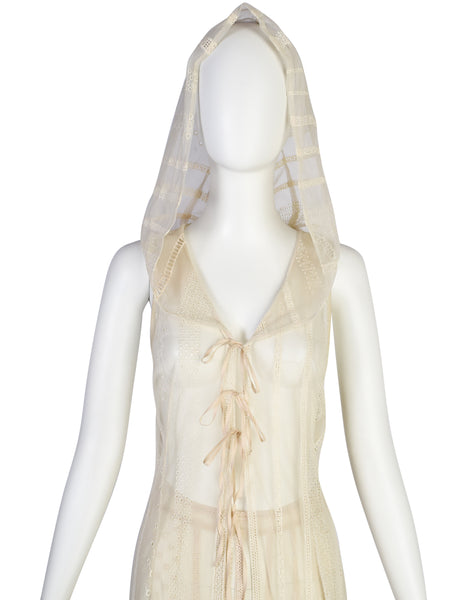 Berit Steffin Vintage 1990s Cream Embroidered Mesh Hooded Vest and Palazzo Pant Ensemble