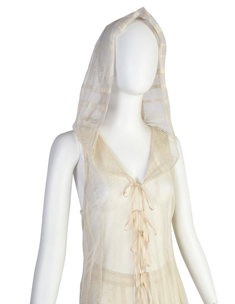Berit Steffin Vintage 1990s Cream Embroidered Mesh Hooded Vest and Palazzo Pant Ensemble
