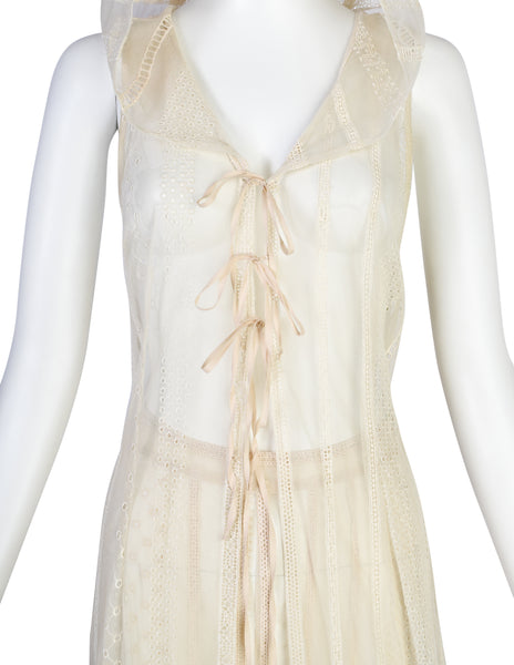 Berit Steffin Vintage 1990s Cream Embroidered Mesh Hooded Vest and Palazzo Pant Ensemble