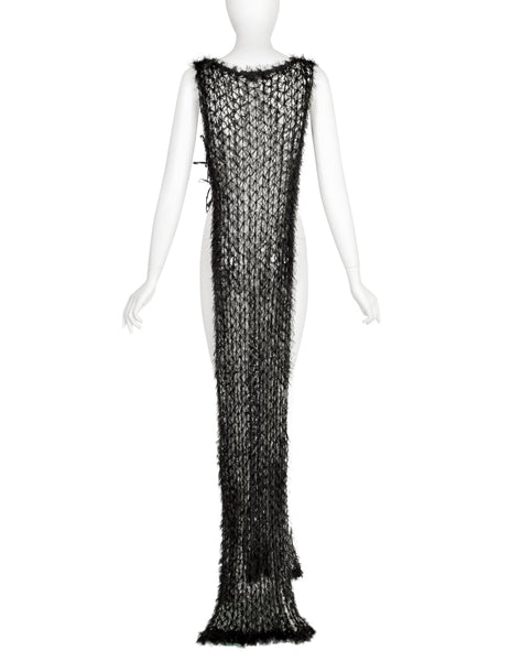Berit Steffin Vintage 1990s Black Intricate Web Knit Fringe Open Side Vest Dress