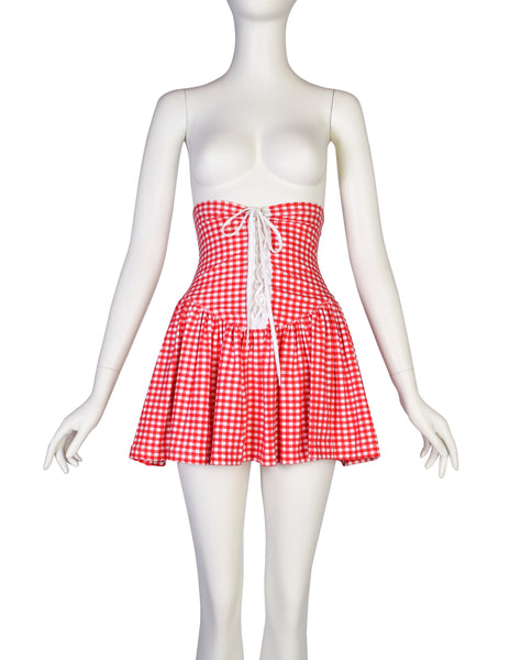 Betsey Johnson Punk Label Vintage Red White Gingham Ultra High Waist Lace Up Mini Skirt
