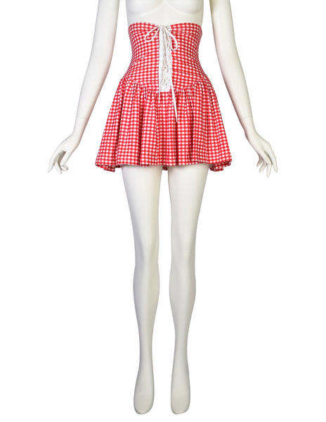 Betsey Johnson Punk Label Vintage Red White Gingham Ultra High Waist Lace Up Mini Skirt