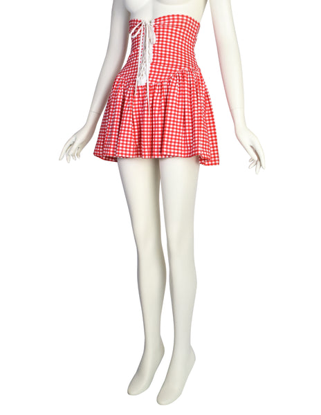 Betsey Johnson Punk Label Vintage Red White Gingham Ultra High Waist Lace Up Mini Skirt