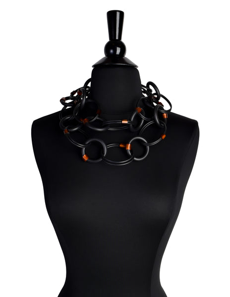 1980s Vintage Insane Artisan Black and Brown Rubber Ring Chain Necklace