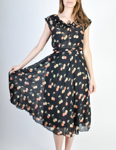 Cori Vintage Semi-Sheer Black Cherry Print Wrap Dress
