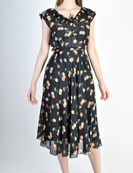 Cori Vintage Semi-Sheer Black Cherry Print Wrap Dress