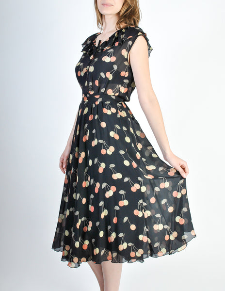 Cori Vintage Semi-Sheer Black Cherry Print Wrap Dress