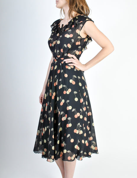Cori Vintage Semi-Sheer Black Cherry Print Wrap Dress