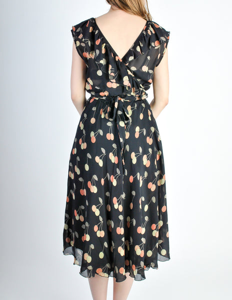 Cori Vintage Semi-Sheer Black Cherry Print Wrap Dress