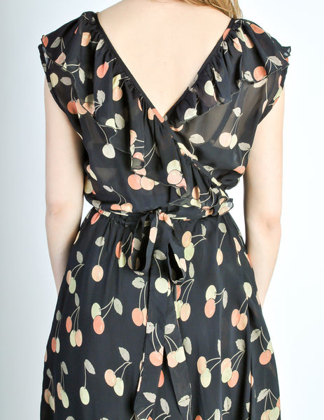 Cori Vintage Semi-Sheer Black Cherry Print Wrap Dress