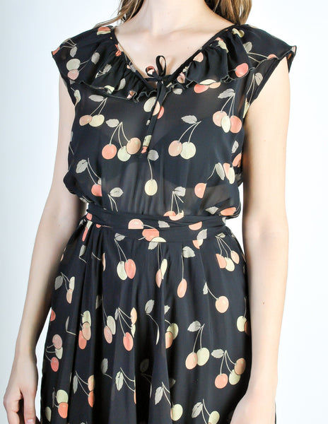 Cori Vintage Semi-Sheer Black Cherry Print Wrap Dress