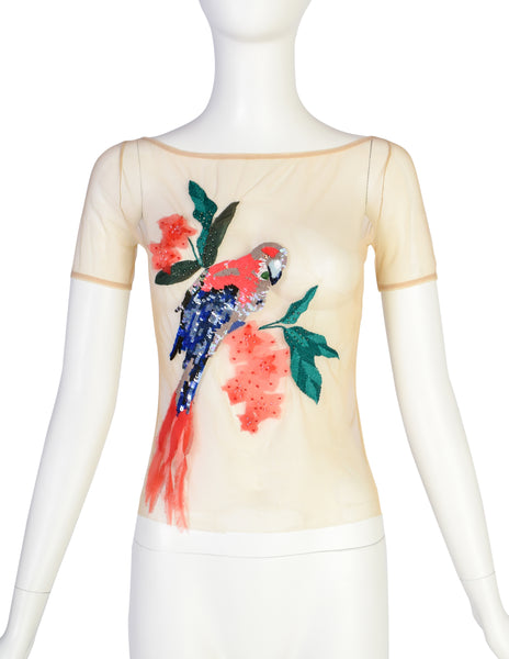 Blumarine Vintage Y2K Beige Embroidered Sequin Bead Embellished Parrot Mesh Top