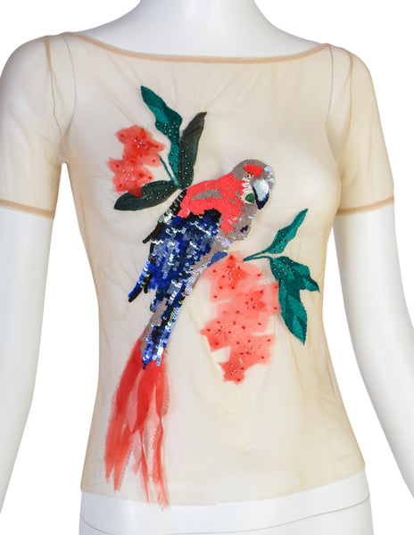 Blumarine Vintage Y2K Beige Embroidered Sequin Bead Embellished Parrot Mesh Top