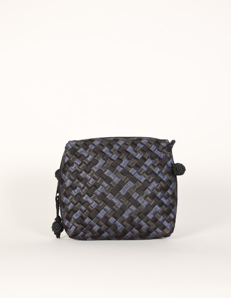 Bottega Veneta Vintage Black Blue Satin Woven Intrecciato Crossbody Mini Bag