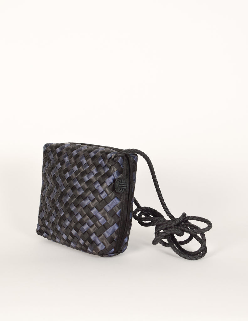 Bottega Veneta Vintage Black Blue Satin Woven Intrecciato