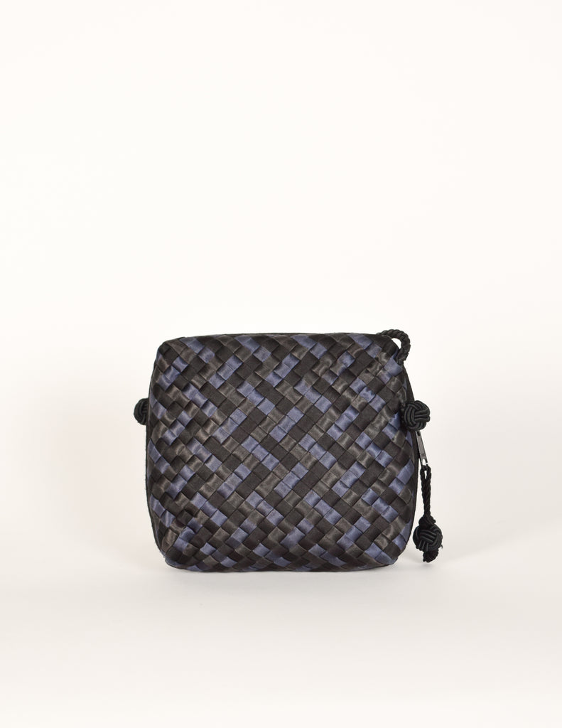 Bottega Veneta Vintage Black Blue Satin Woven Intrecciato