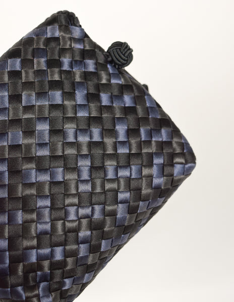 Bottega Veneta Vintage Black Blue Satin Woven Intrecciato Crossbody Mini Bag