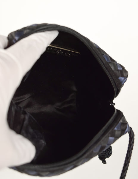 Bottega Veneta Vintage Black Blue Satin Woven Intrecciato Crossbody Mini Bag